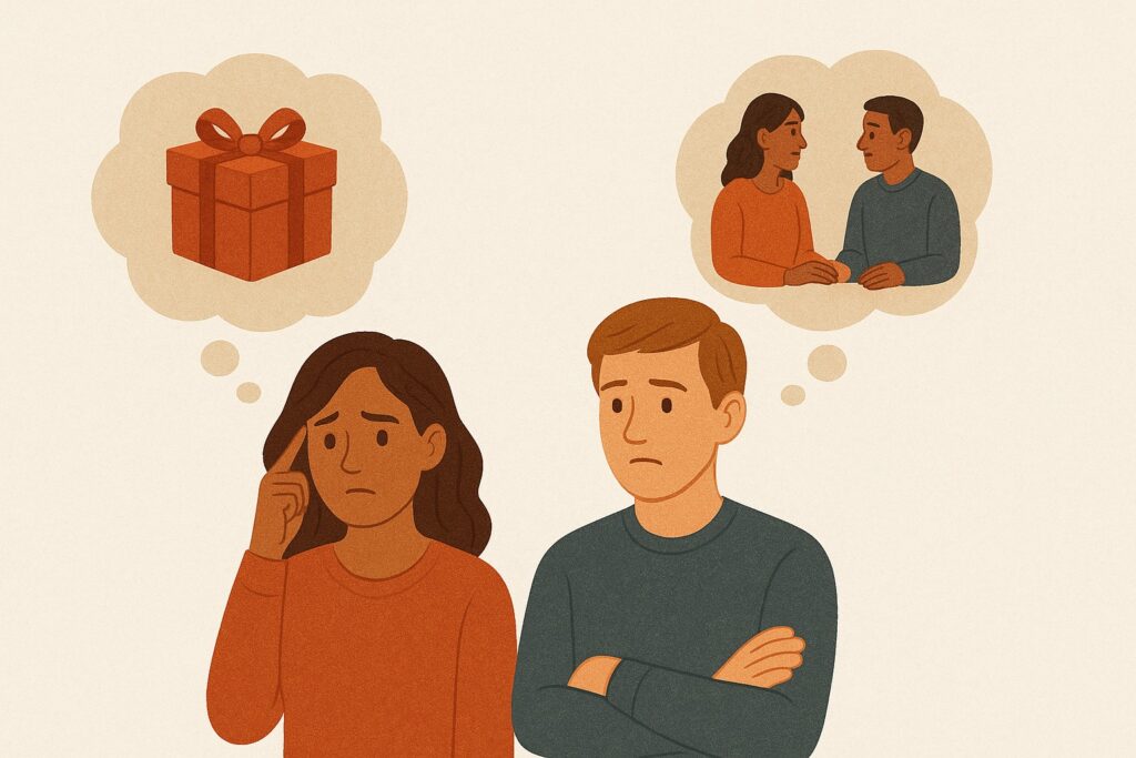 Two people with different love language preferences showing communication gap in relationships