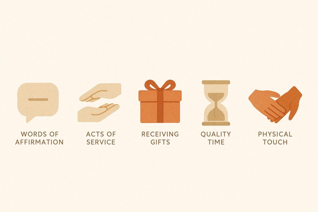 The 5 love languages explained: Words of Affirmation, Acts of Service, Receiving Gifts, Quality Time, and Physical Touch