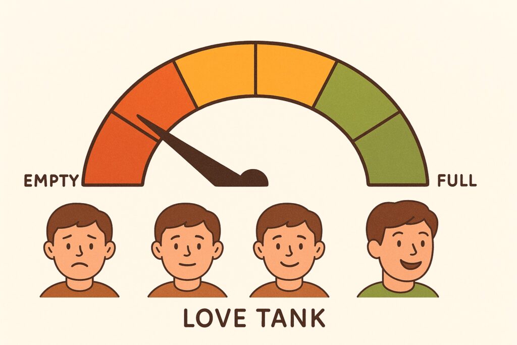 Love tank concept showing how love languages fill emotional needs from empty to full