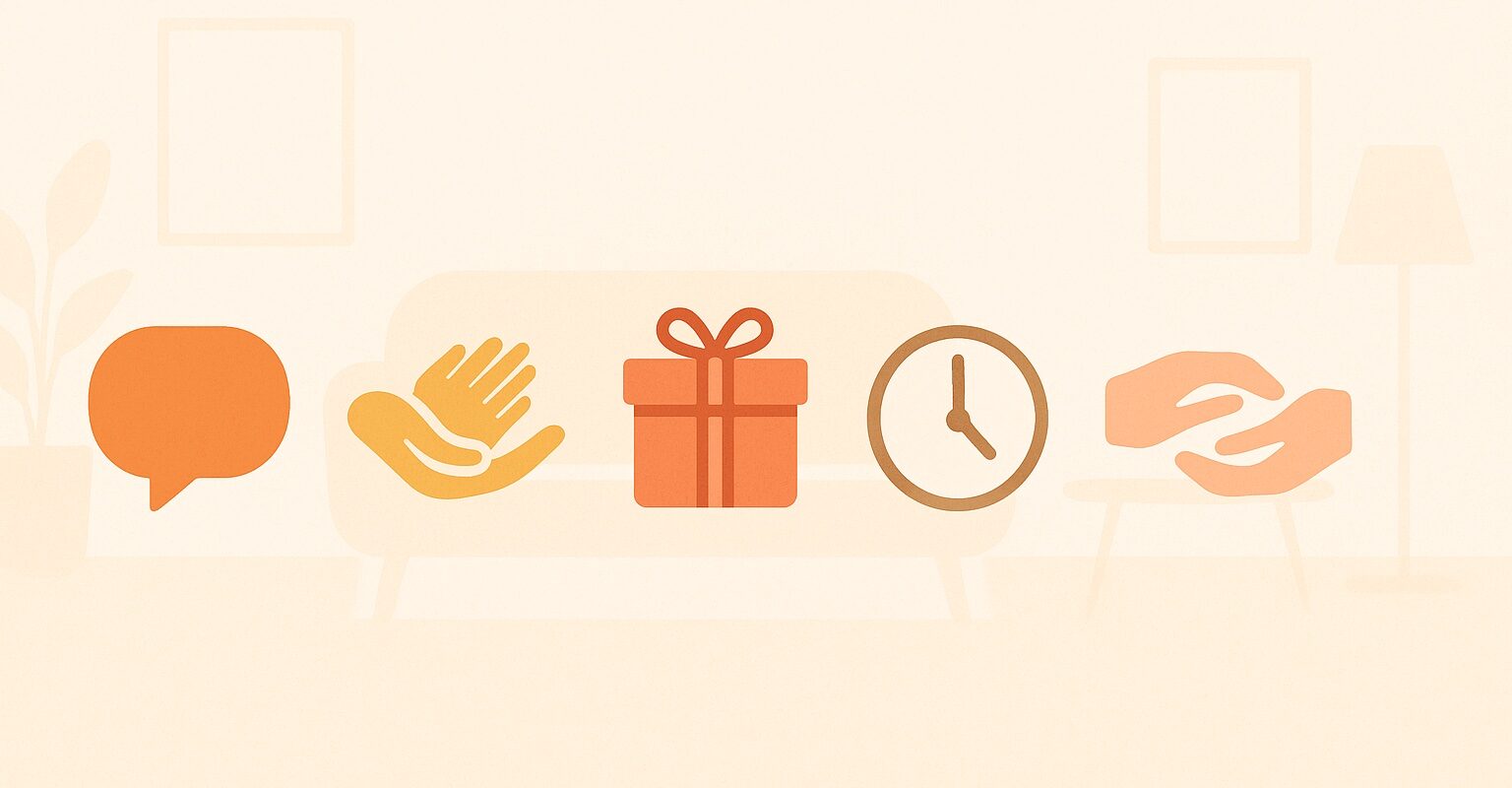 Examples of all 5 love languages in daily life - Words of Affirmation, Acts of Service, Receiving Gifts, Quality Time, Physical Touch