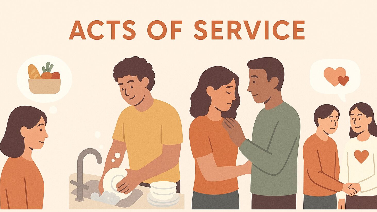 A horizontal image showing the core elements of Acts of Service - anticipating needs, thoughtful action, reducing burdens, and demonstrating care through effort. Visual representation of love through practical help.