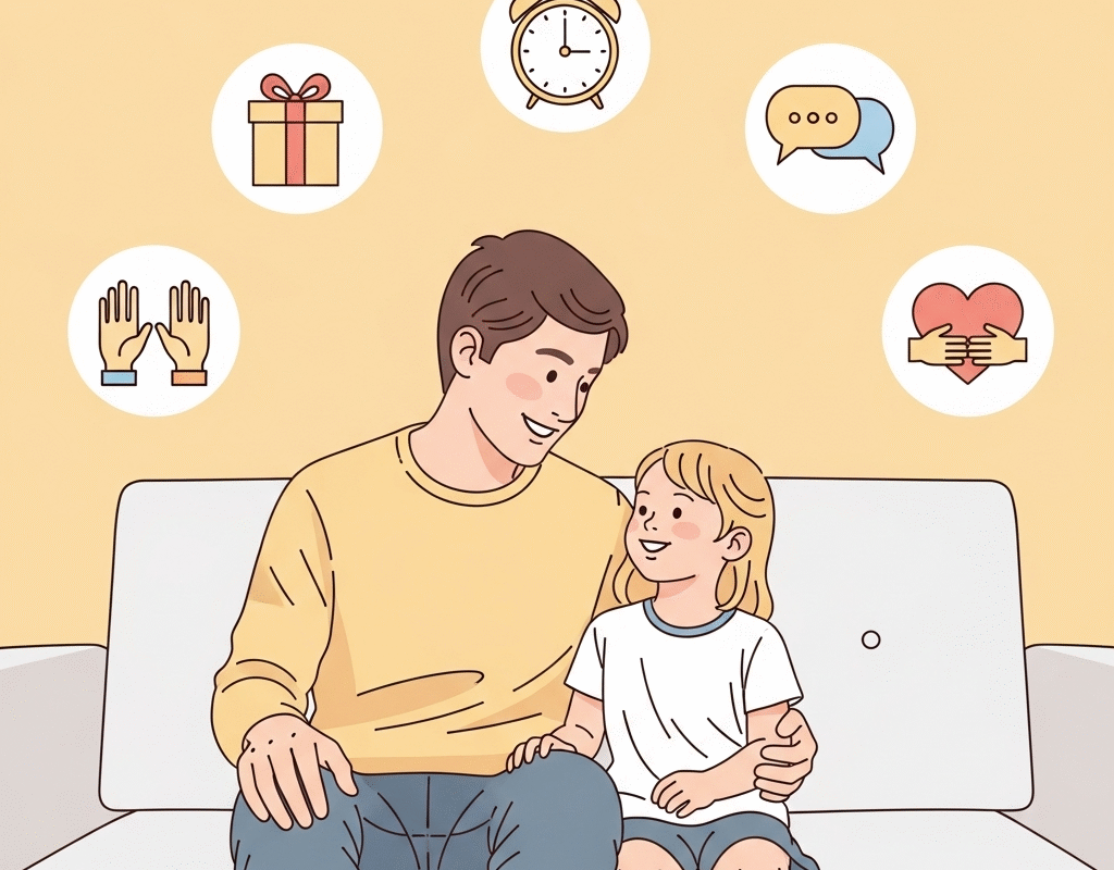 Parent and child sitting together with love language icons, representing how love languages apply in parent-child relationships.