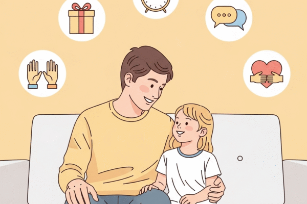 Parent and child sitting together with love language icons, representing how love languages apply in parent-child relationships.