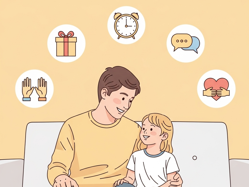 Parent and child sitting together with love language icons, representing how love languages apply in parent-child relationships.