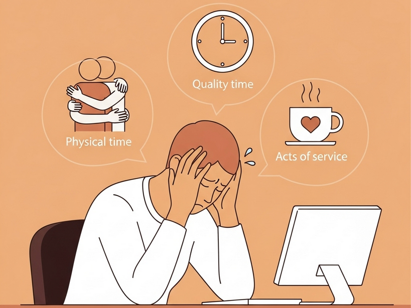 Professional at a desk surrounded by icons of touch, quality time, and acts of service during stress.