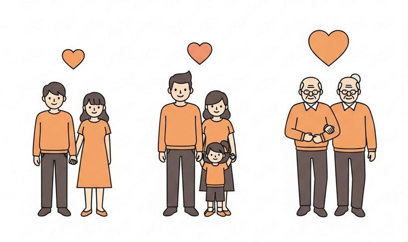 Illustration of couples at different life stages showing how love languages evolve with age.