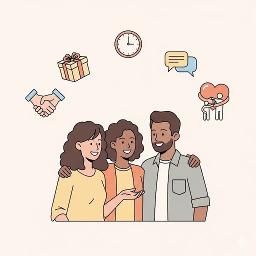 Group of friends surrounded by love language icons, representing how love languages strengthen friendships.