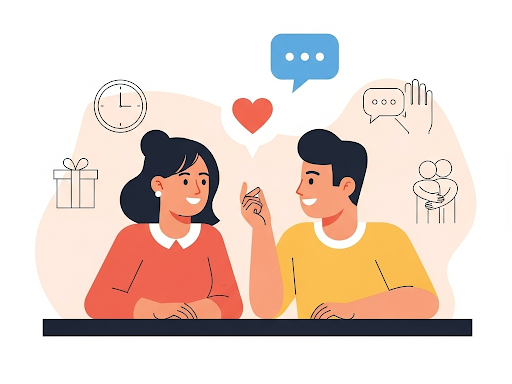 Couple having an open conversation surrounded by love language icons, representing healthy communication.