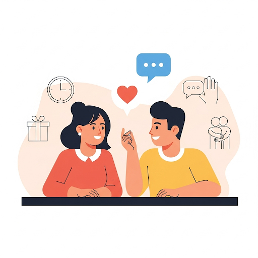 Couple having an open conversation surrounded by love language icons, representing healthy communication.