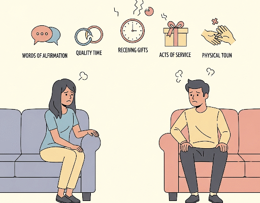 Couple sitting apart with broken love language icons, representing manipulative use of love languages.