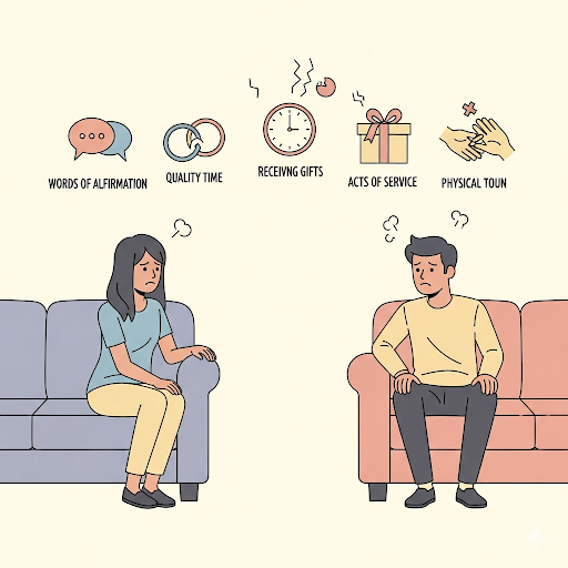 Couple sitting apart with broken love language icons, representing manipulative use of love languages.