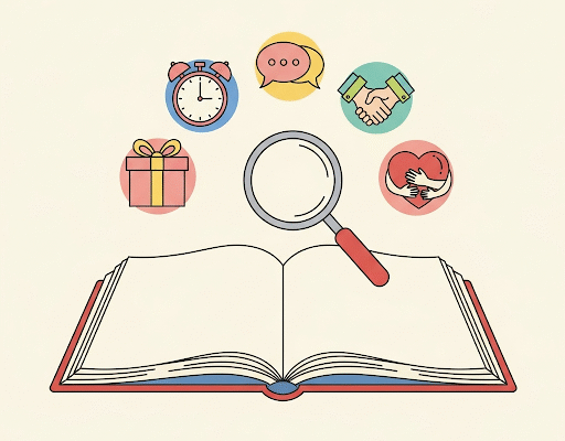 Open book with love language icons under a magnifying glass, representing scientific analysis of love languages.