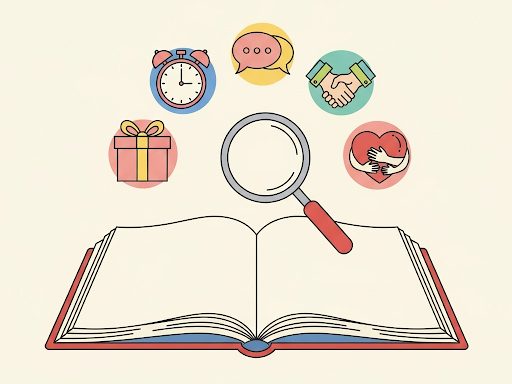 Open book with love language icons under a magnifying glass, representing scientific analysis of love languages.