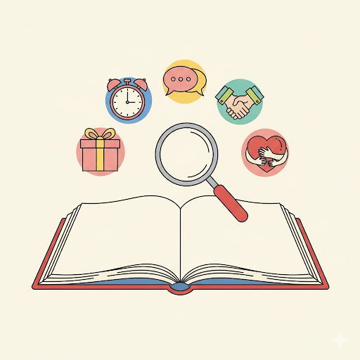 Open book with love language icons under a magnifying glass, representing scientific analysis of love languages.