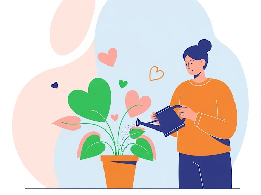 Illustration of a person watering a plant with heart-shaped leaves, symbolizing healing and evolving love languages.