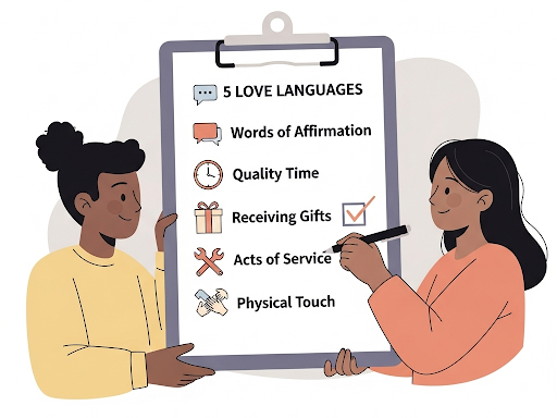 Couple collaborating on a checklist of love languages, symbolizing adapting to changing needs together.