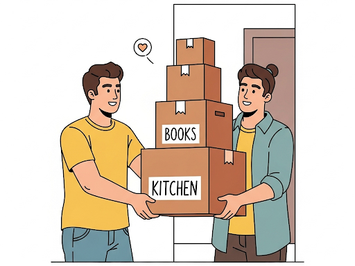 One friend helping another move boxes, representing acts of service in friendships.