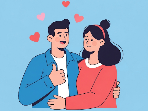 Partner encouraging with a thumbs up and hearts, symbolizing positive reinforcement in love language communication.