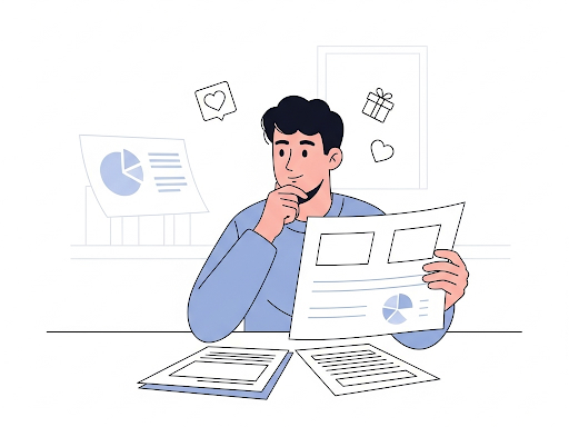 Researcher looking at charts with love language icons, symbolizing lack of scientific evidence behind the theory.