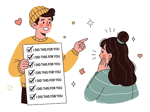 Person using a checklist of favors as leverage, symbolizing manipulative acts of service.