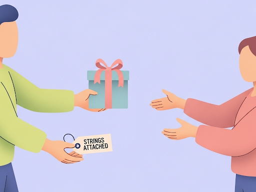 Person giving a gift with strings attached, representing manipulative use of receiving gifts.