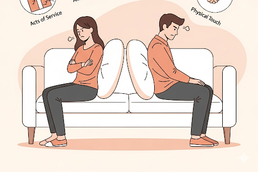a couple sitting away from each other on a couch, with broken love language icons, representing manipulative use of love languages.