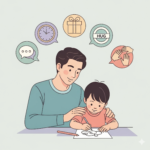Parent watching child draw with love language icons, symbolizing identifying a child’s love language through observation.