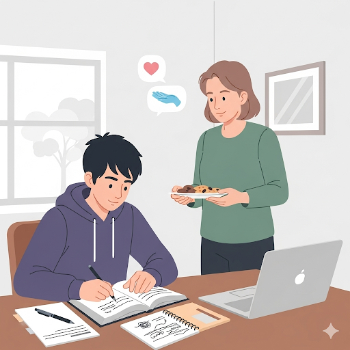 Parent bringing snack to teenager studying, symbolizing acts of service as a love language for teens.