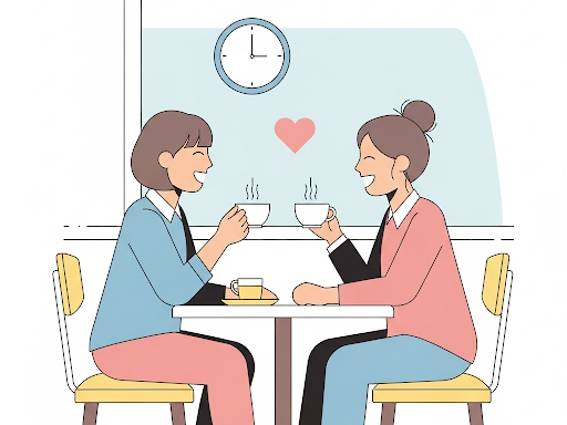 Two friends sharing coffee and conversation, representing quality time as a friendship love language.